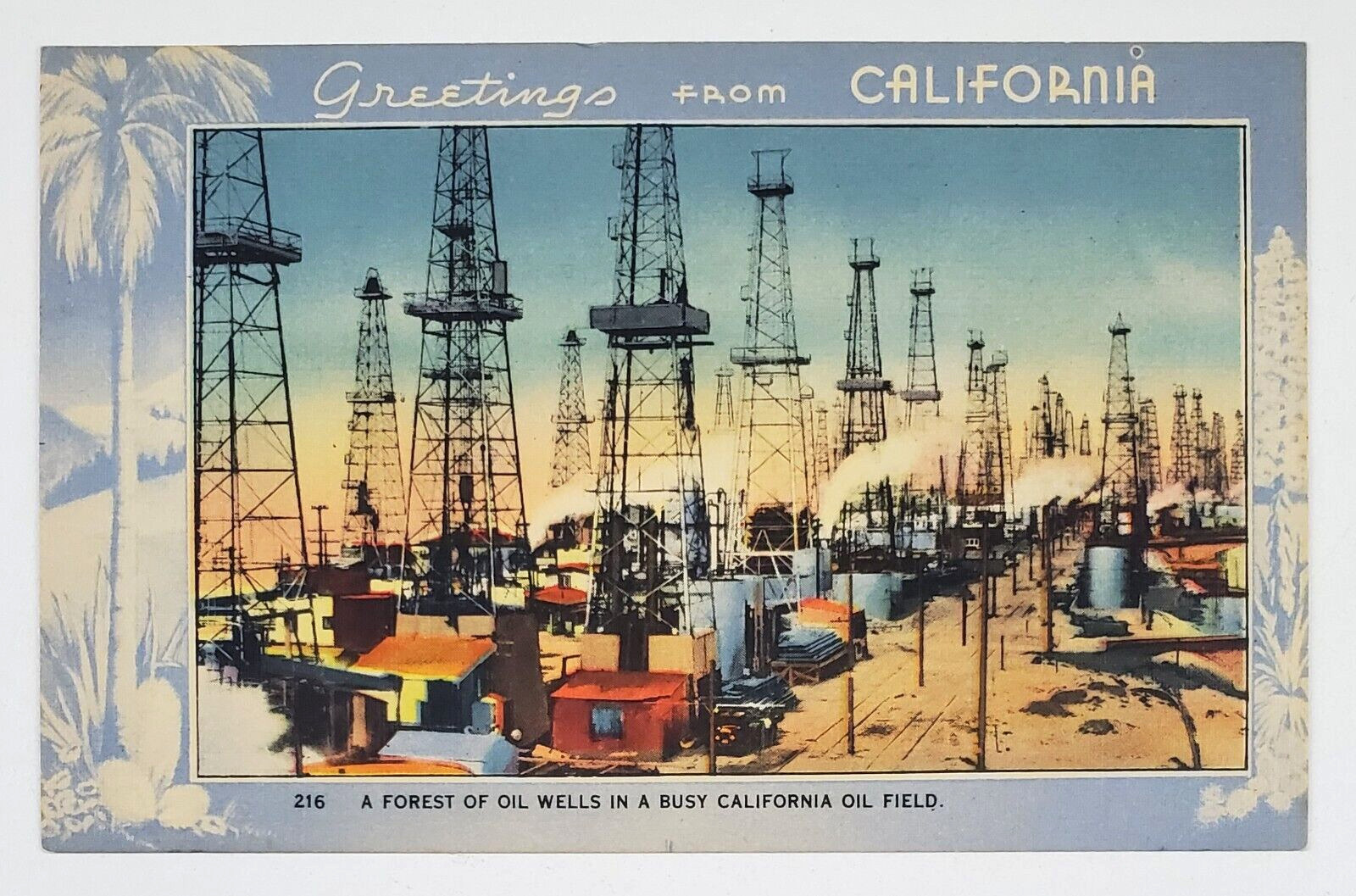 1940s Greetings From California Oil Wells Field Vintage Linen Postcard Souvenir