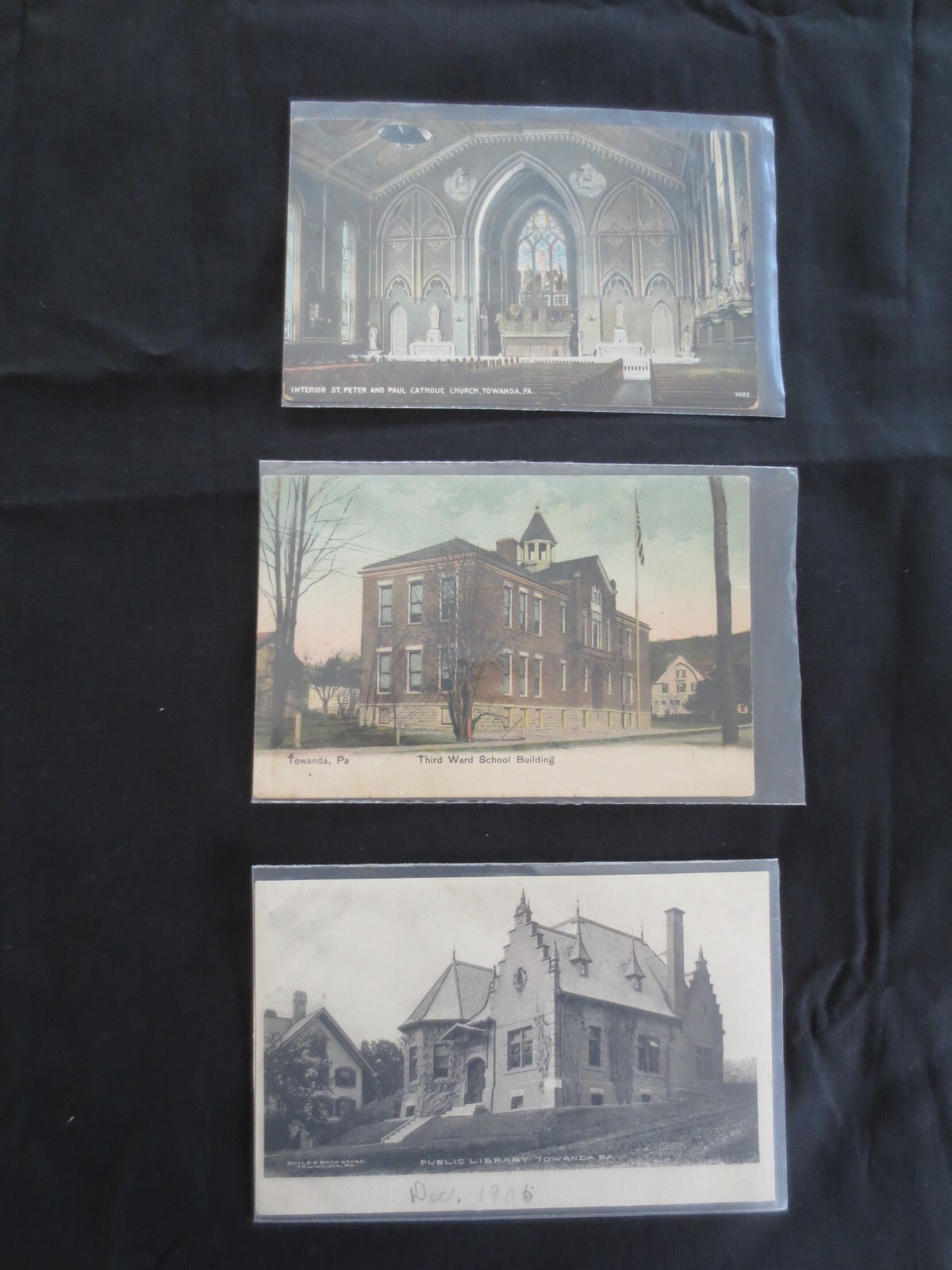 3 – 5-1/2″ x 3-1/2″ Antique TOWANDA PA Historical Buildings POSTCARDS in Sleeves