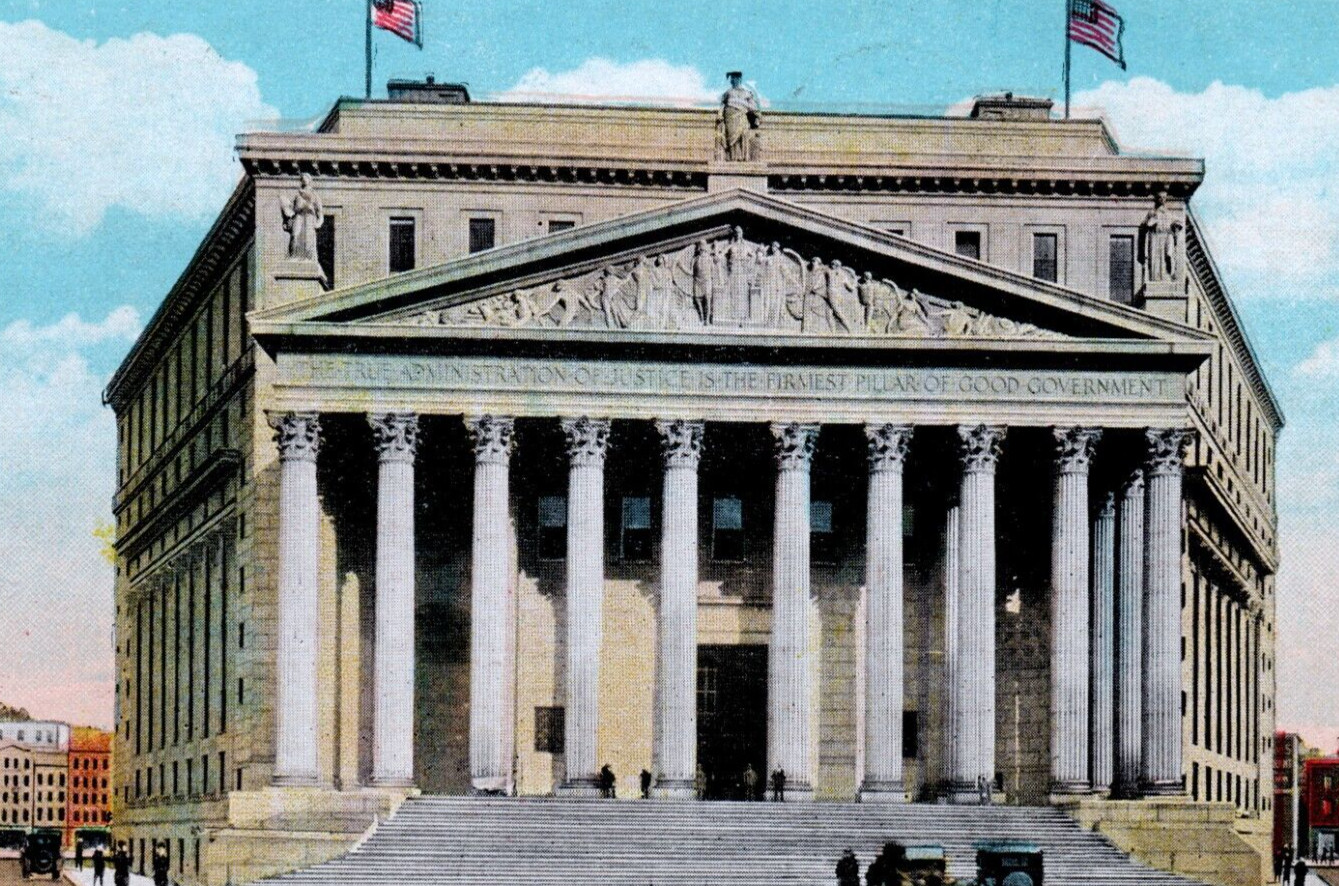New Court House stamped 1929 white border Manhattan Post card co