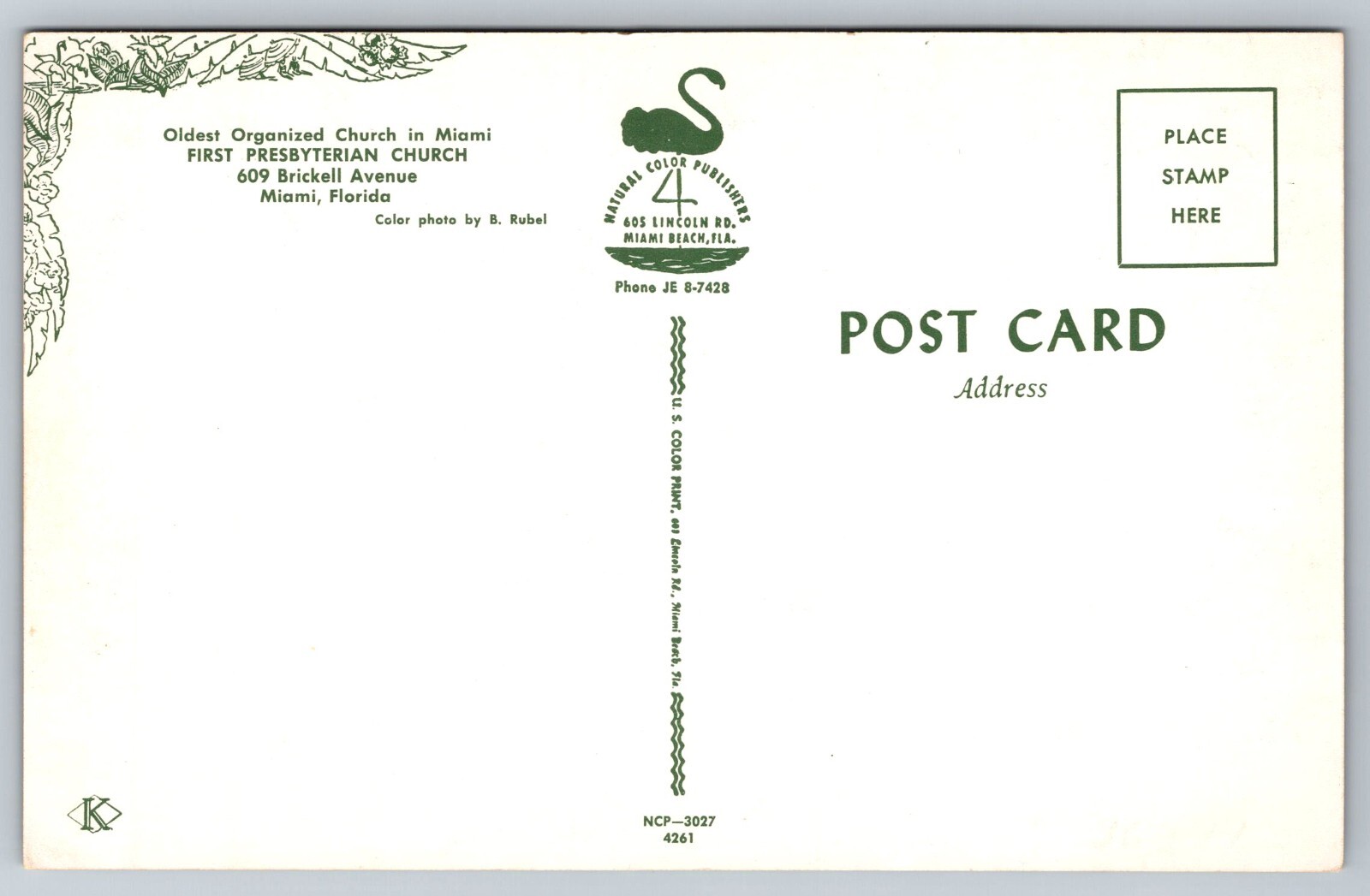 Vintage Postcard FL Miami First Presbyterian Church -6118