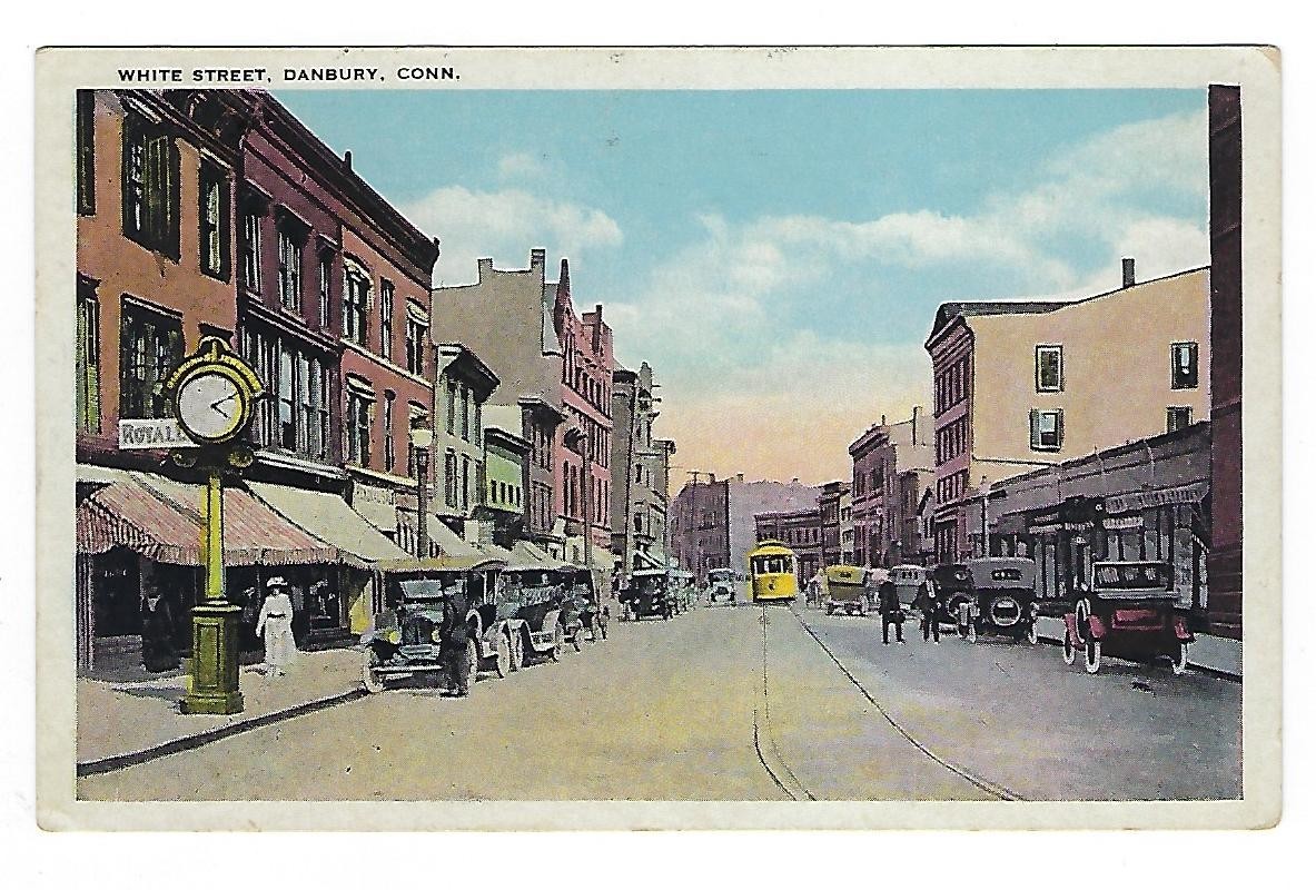 Vintage Postcard – DANBURY CONN. White Street – CARS TROLLEY 1926 PM