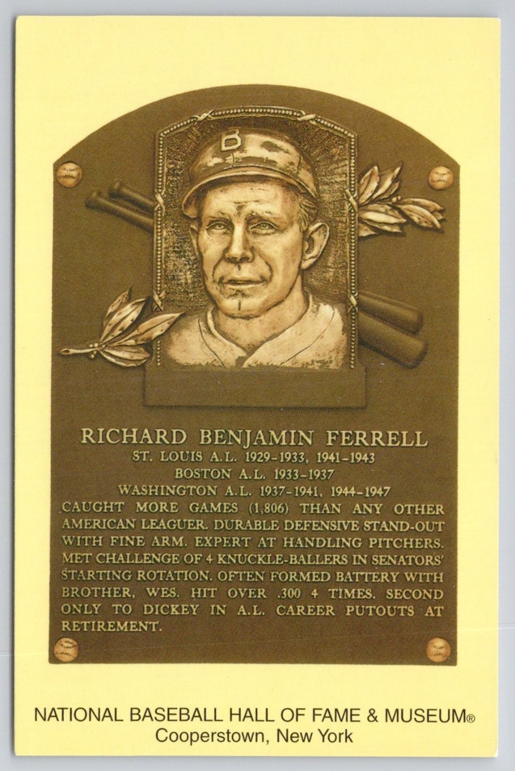 Rick Ferrell Baseball HOF Plaque Postcard Cooperstown NY 2002 MLB Catcher