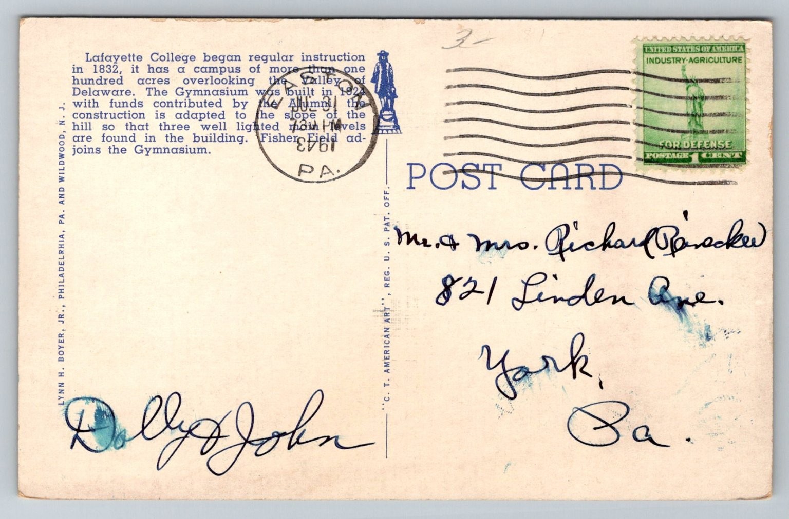 Lafayette College Alumni Memorial Gymnasium Easton PA Postcard 1940s