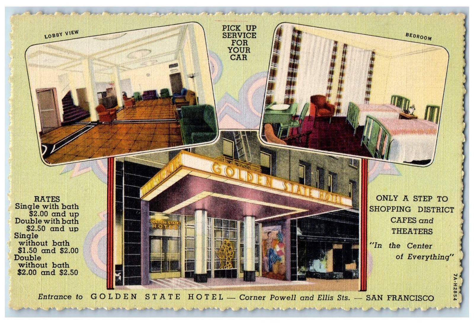 1947 Golden State Hotel Restaurant Sacramento Ellis San Francisco CA Postcard