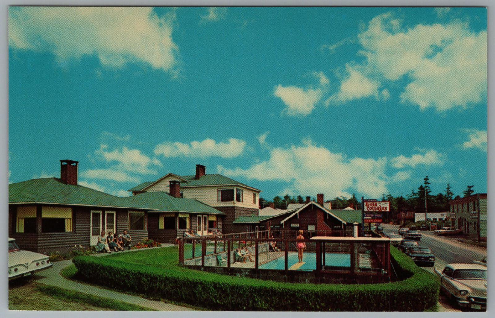 Cannon Beach Oregon Ecola Cottages Swimming Pool Diving Board c1964 Postcard