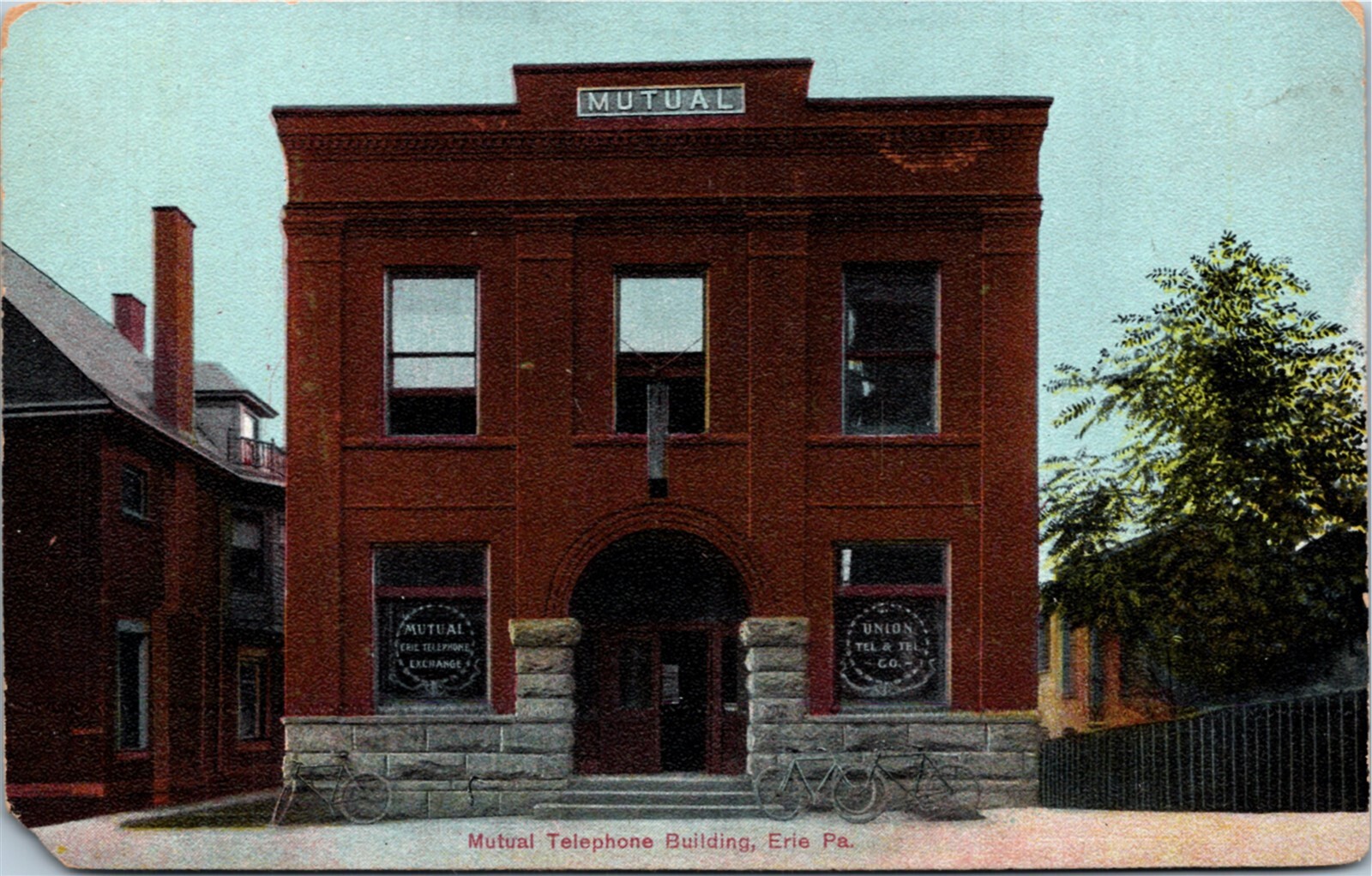 Postcard Pennsylvania Erie Mutual Telephone Building Bicycles RARE ~1910 V18
