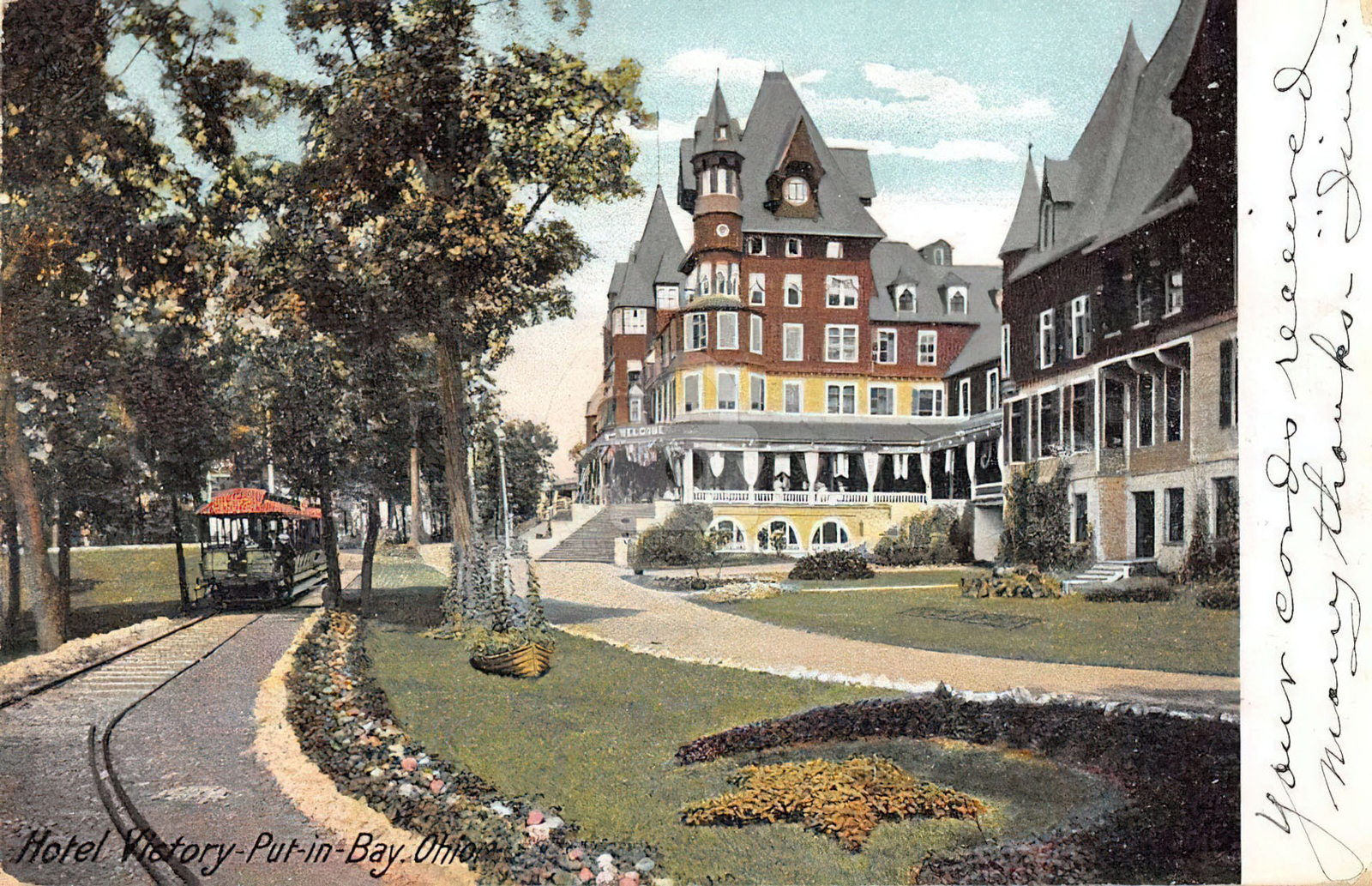 Put-In-Bay Ohio Hotel Victory and Trolley Postcard Copy