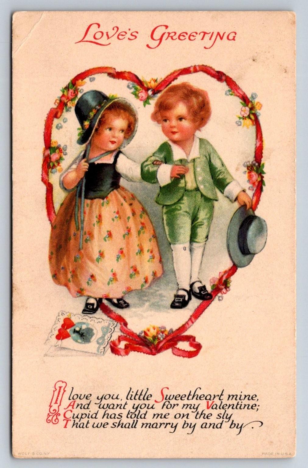 Vintage Valentine Postcard Love’s Greeting Children Heart Clapsaddle Wolf