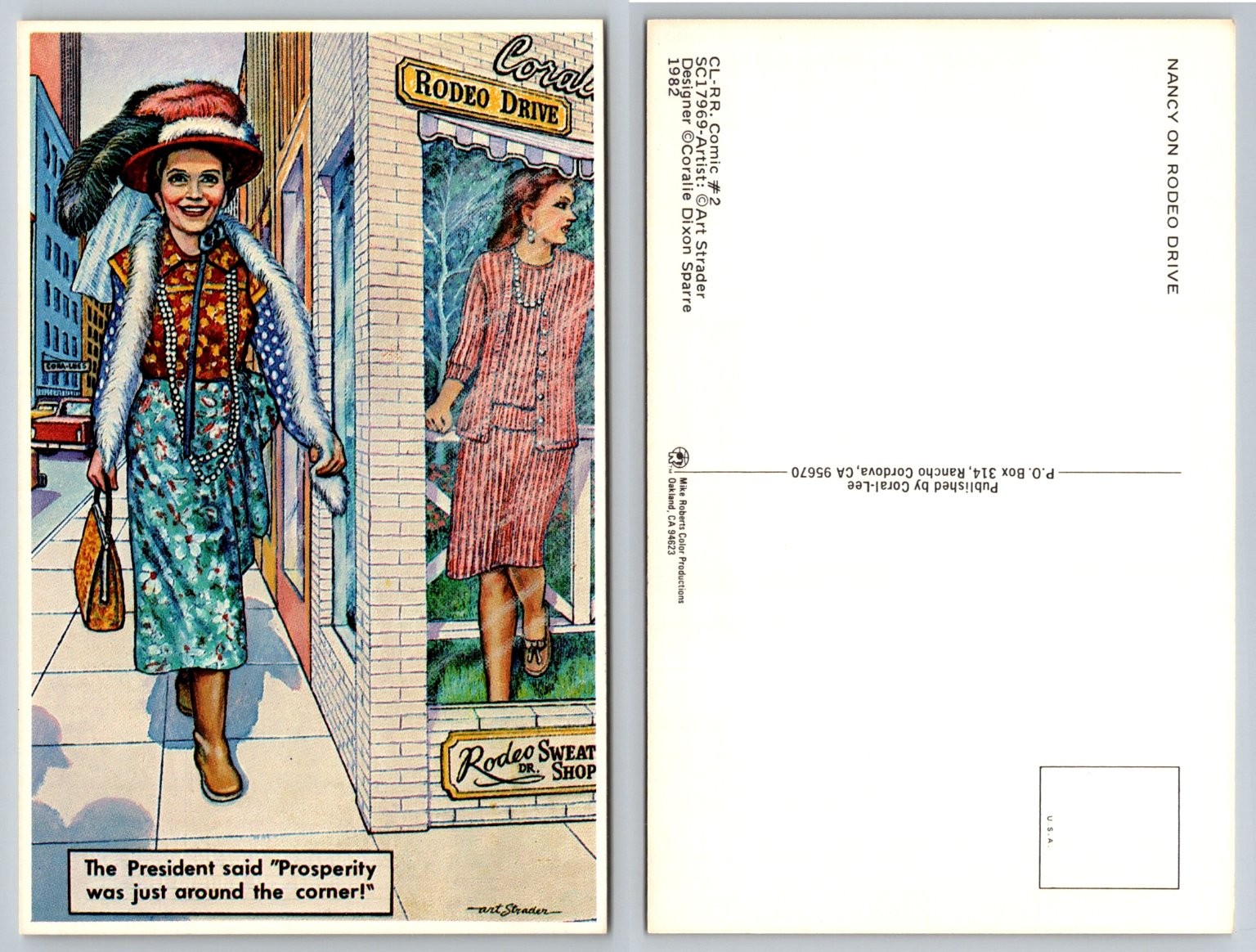 Nancy Reagan Rodeo Drive Comic Postcard 1982 Art Strader Political Satire
