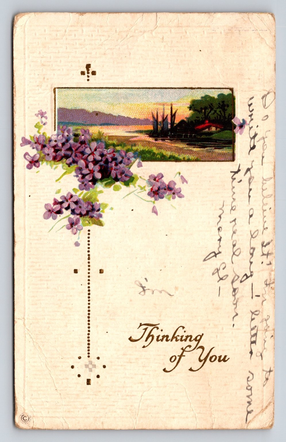 1919 “Thinking of You” Postcard – Sunset Boats, Lilacs, Camden SC Postmark