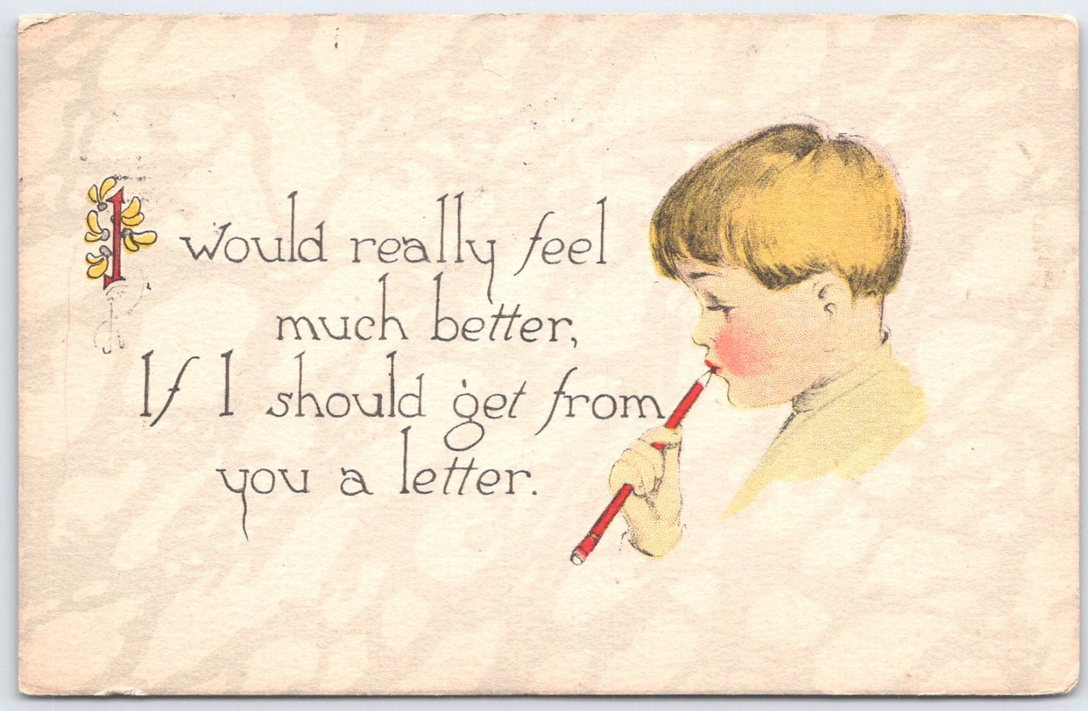 Vintage Child Writing Pencil Postcard with Sentimental Quote 1917