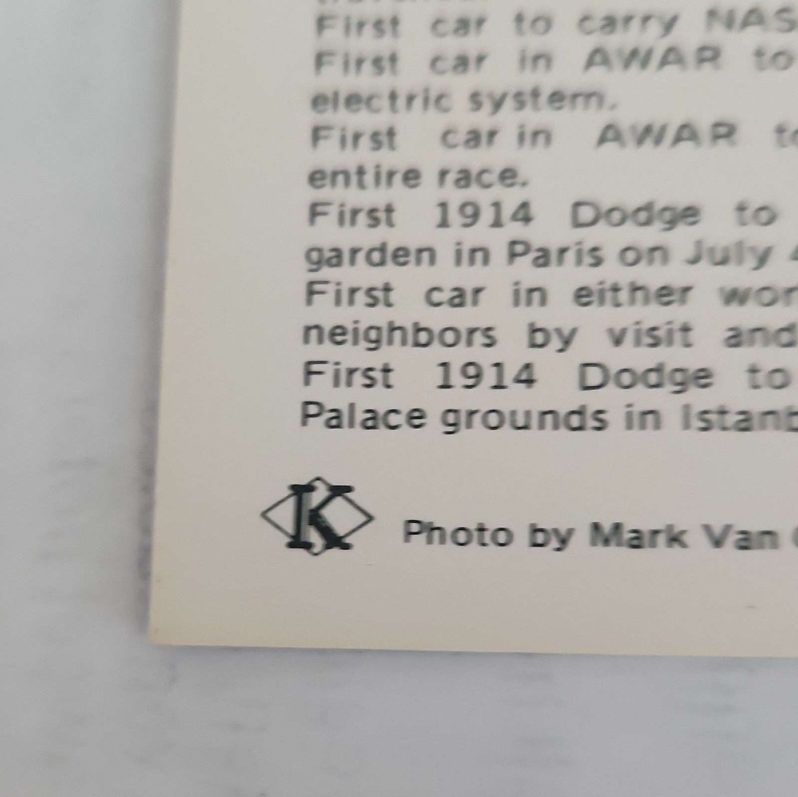Custom Craft Cards 1976 Around the World Auto Race Team 1914 Dodge Morrison IL