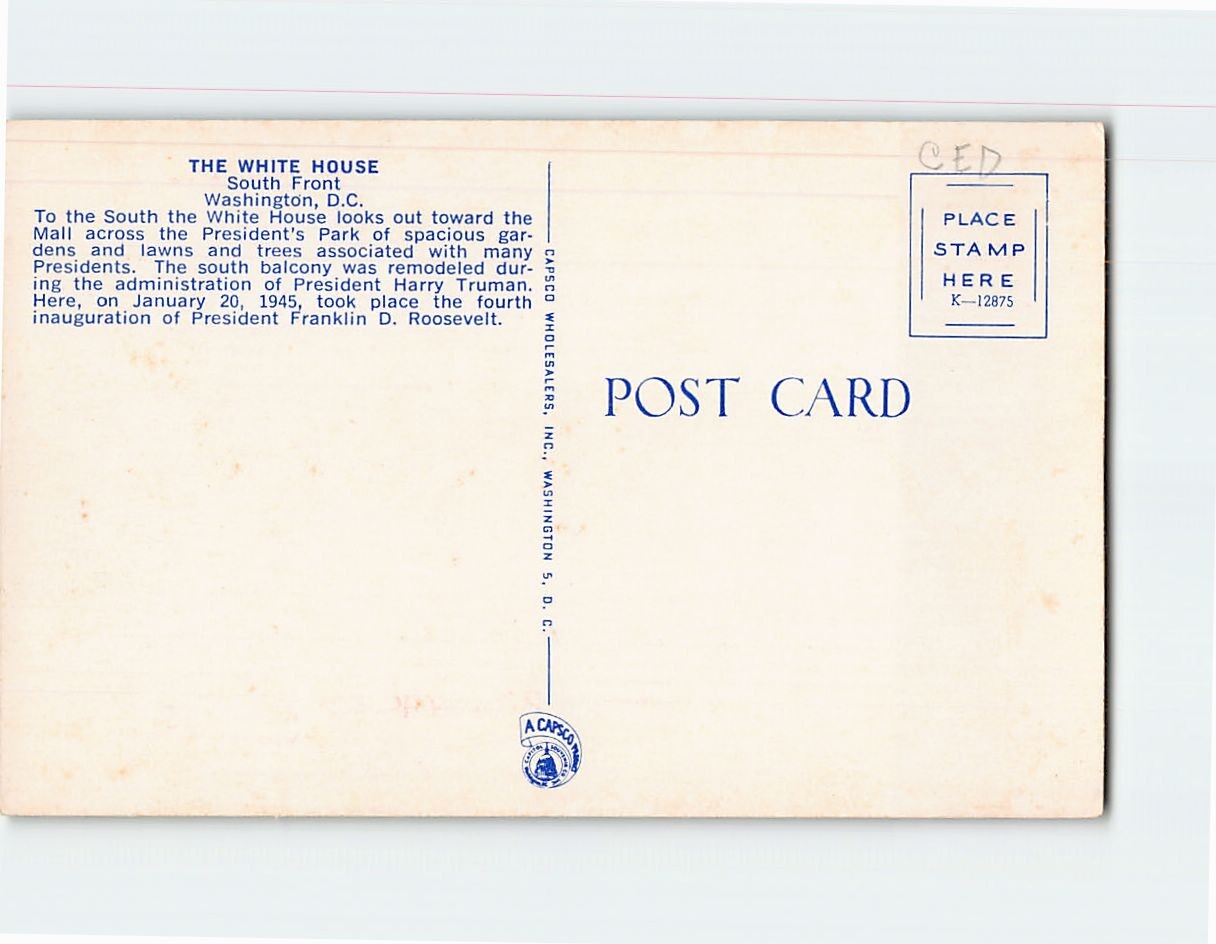 Postcard South Front, The White House, Washington, District of Columbia