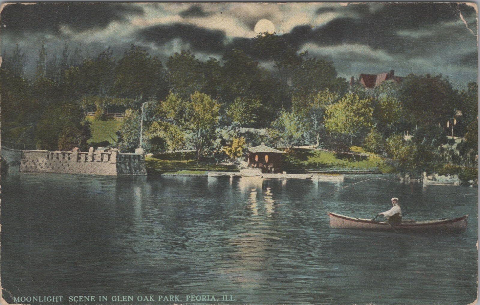 Glen Oak Park Peoria IL Night View Man Rowboat Full Moon Moonlight postcard G462