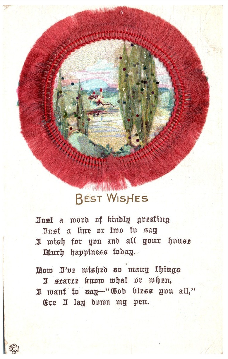 Vintage Postcard 1900s Best Wishes Red Fringed Embossed Sentimental Greeting