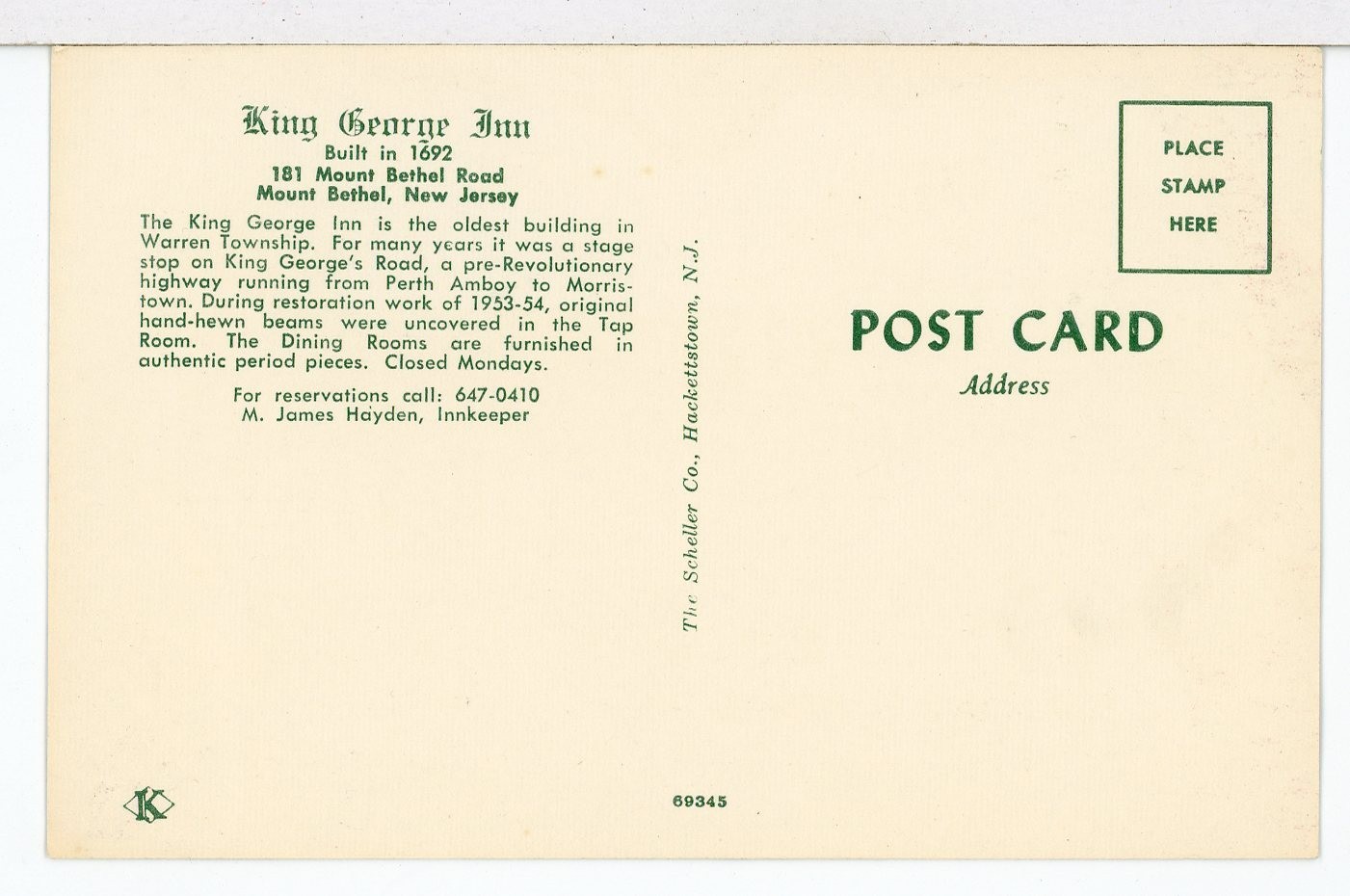 1960s – KING GEORGE INN, Built in 1692, Mount Bethel NJ, Torn Down 2019 Postcard