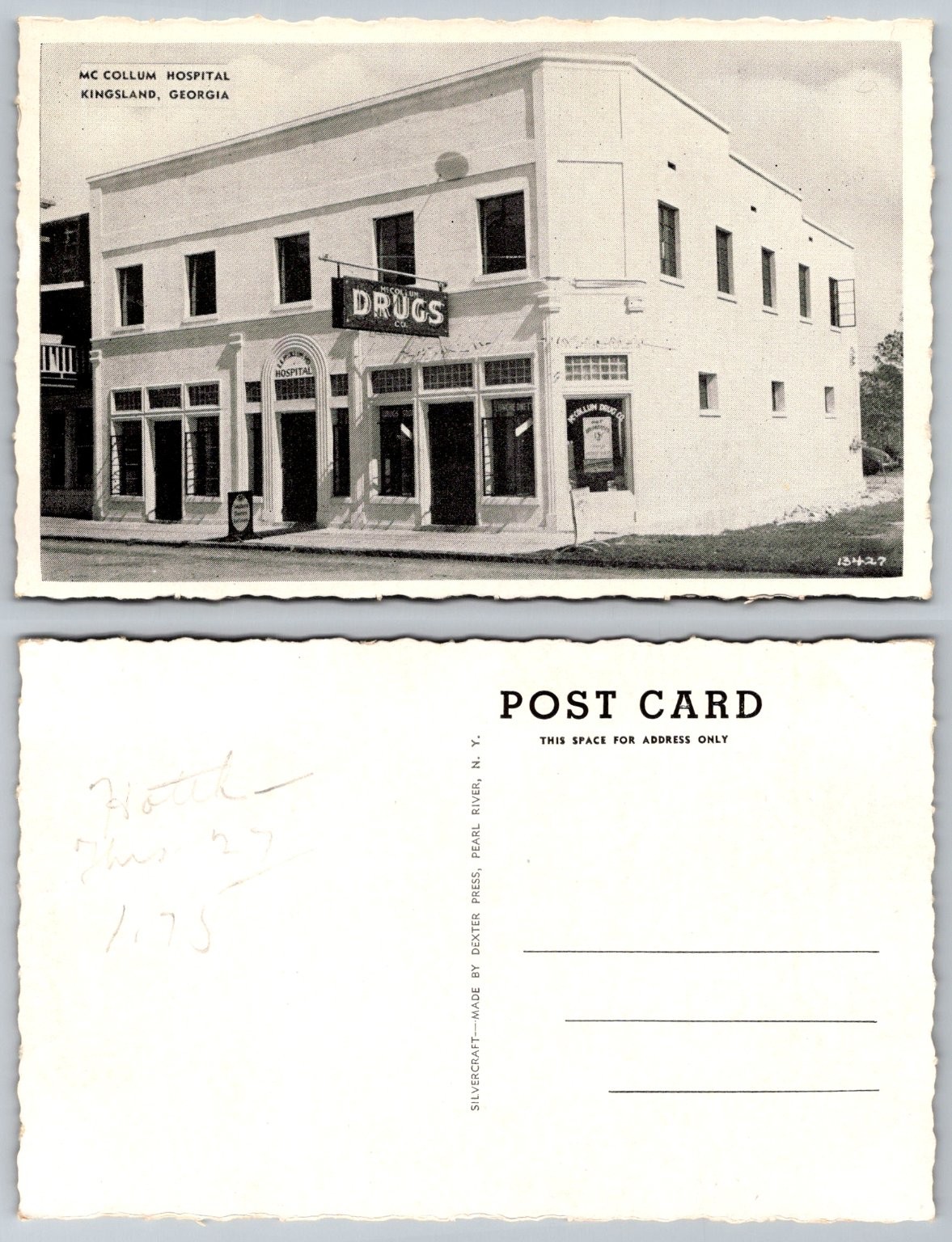 McCollum Hospital Kingsland GA Vintage Postcard Dexter Press Drugs Store