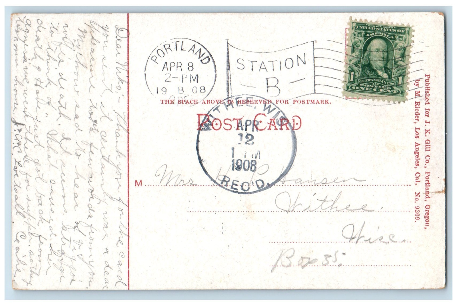 1908 Portland Oregon Postcard King Street From Washington Street Residence