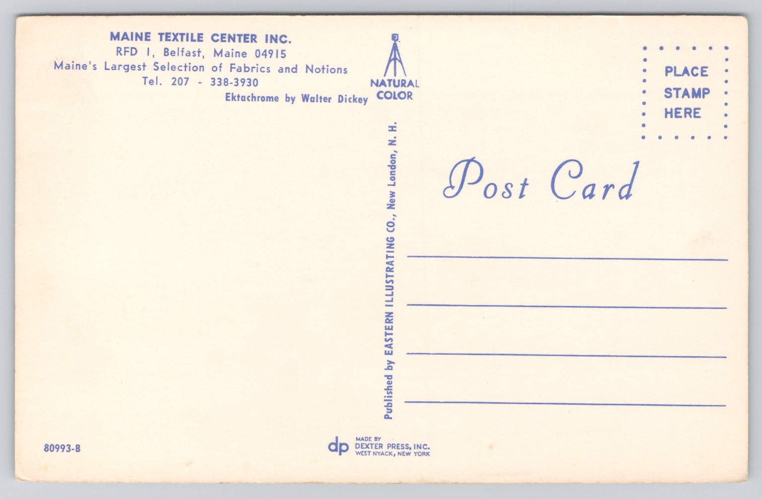 Vintage Maine Textile Center Inc. Belfast ME Postcard Dexter Press Ektachrome