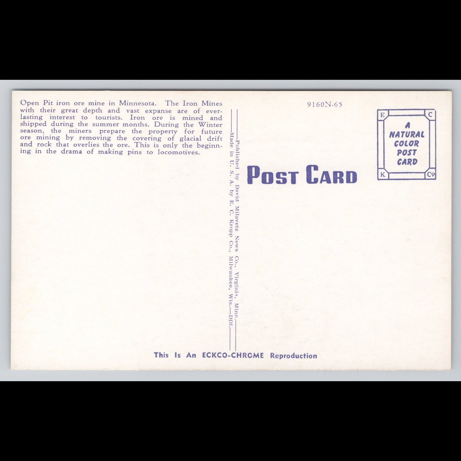 Vintage Postcard Minnesota Iron Ore Mine Unposted Scenic Collectible View