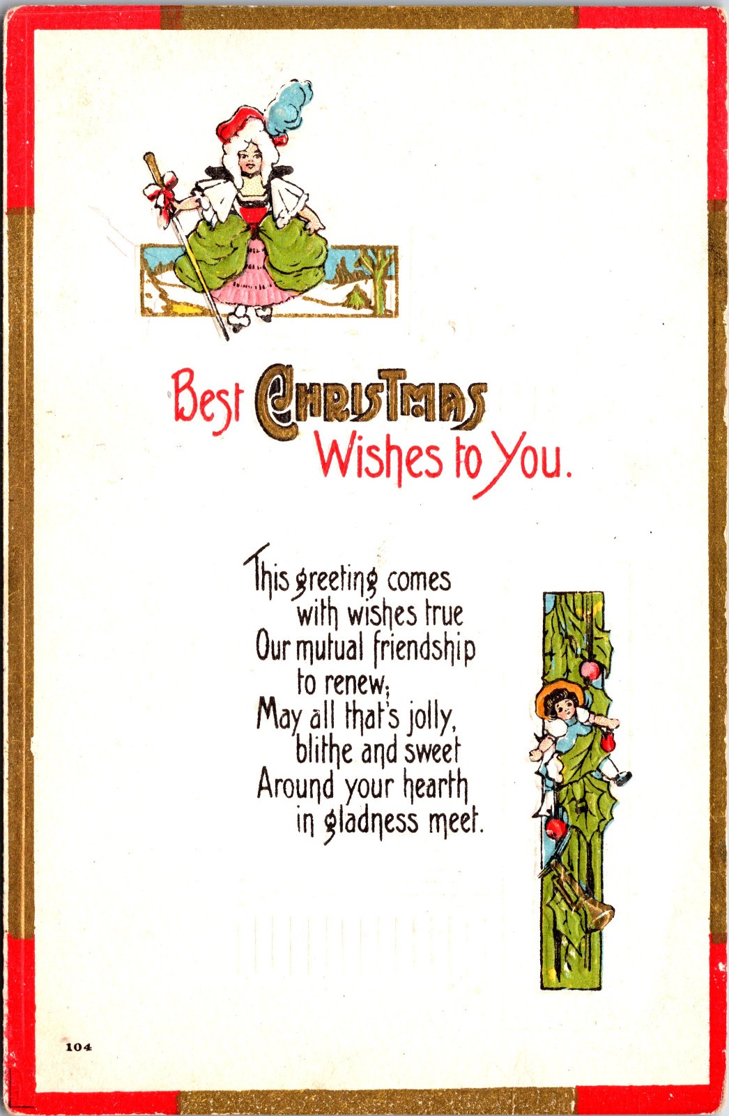 “Best Christmas Wishes To You…” Poem/Dolls/Gold Inlay/©1913/Embossed -A129