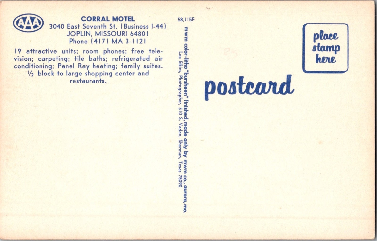 Postcard Corral Motel, Joplin, Missouri MO, 19 units