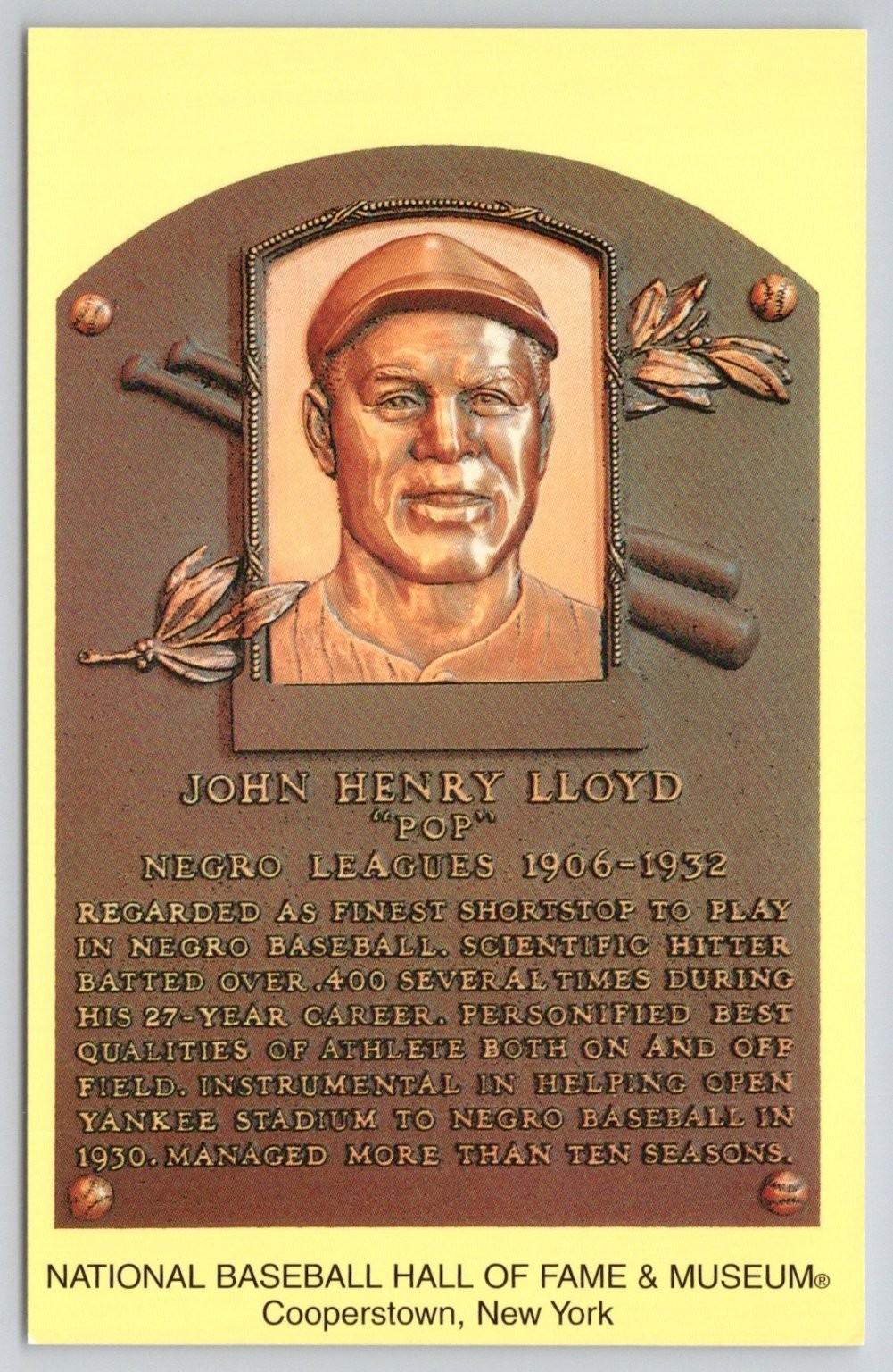 John Henry “Pop” Lloyd Negro Leagues Baseball Hall of Fame Plaque Postcard 2006