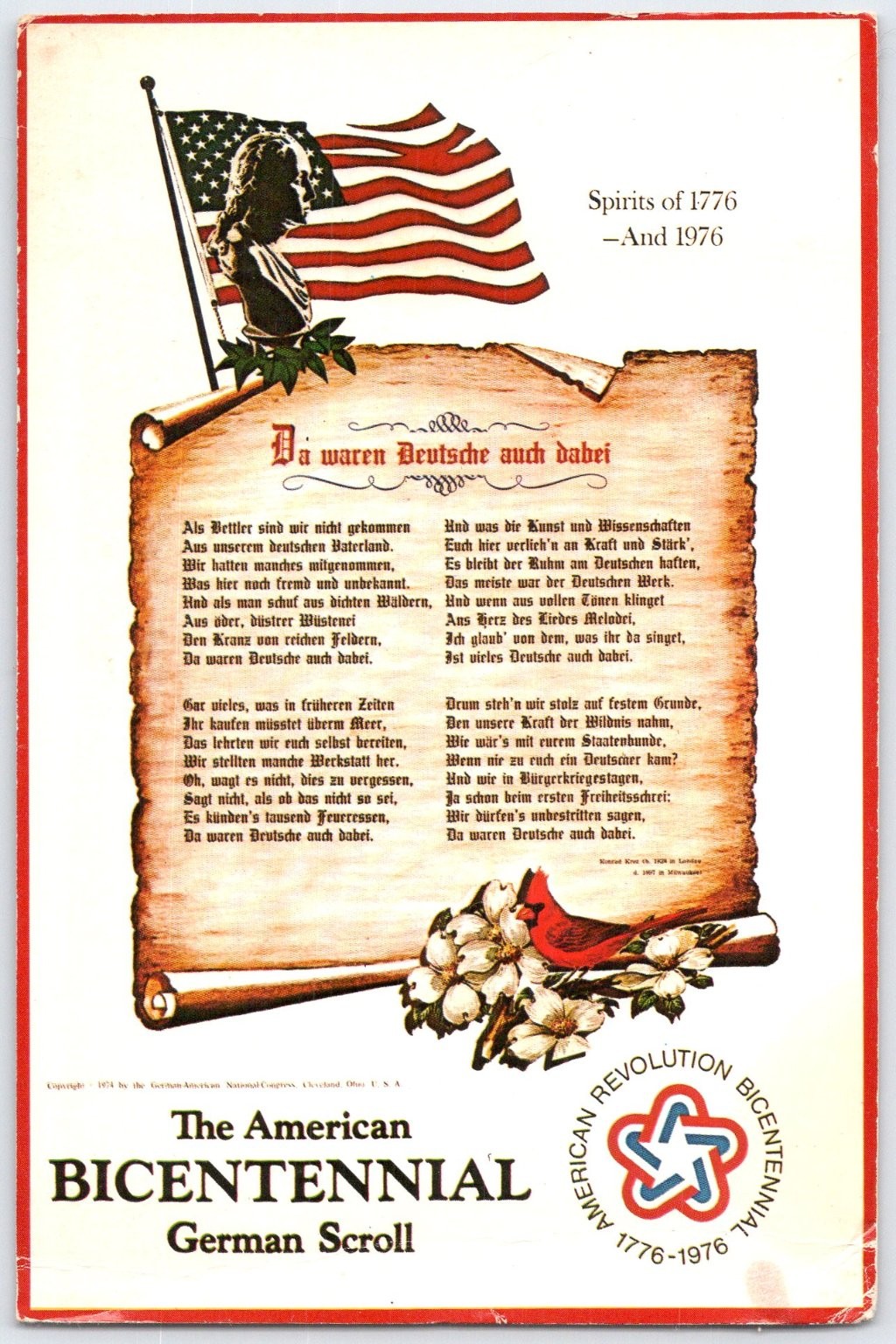 1974 American Bicentennial German Scroll Postcard D.A.N.K. Cleveland Ohio