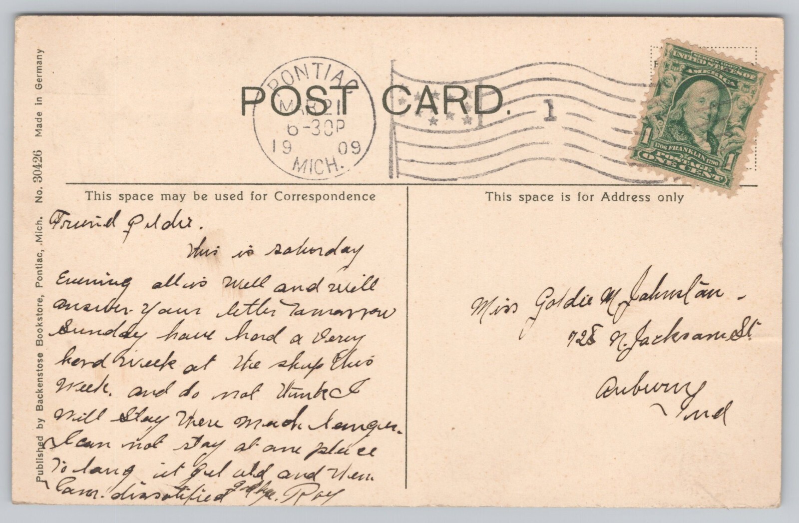 1909 First Baptist Church Pontiac Michigan MI Antique Postcard