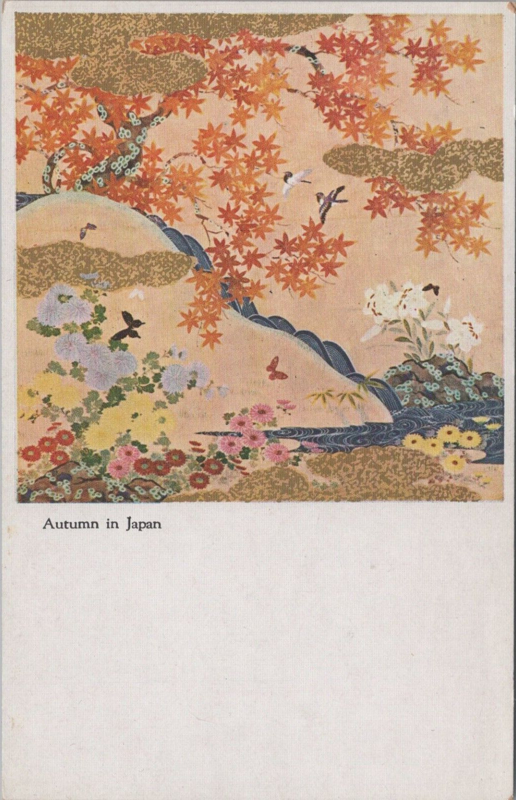 Raw Silk Embroidered Tapestry Autumn In Japan 1939 NY Worlds Fair postcard BQ7