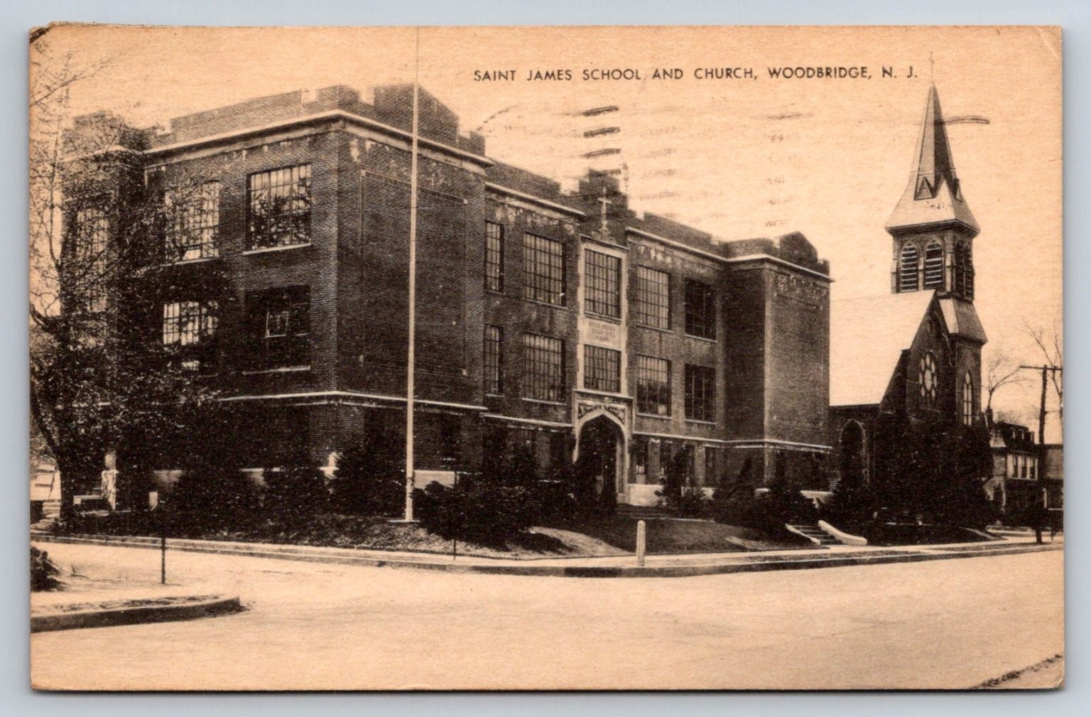 St. James School & Church Woodbridge NJ 1942 Postcard Tichnor Bros.