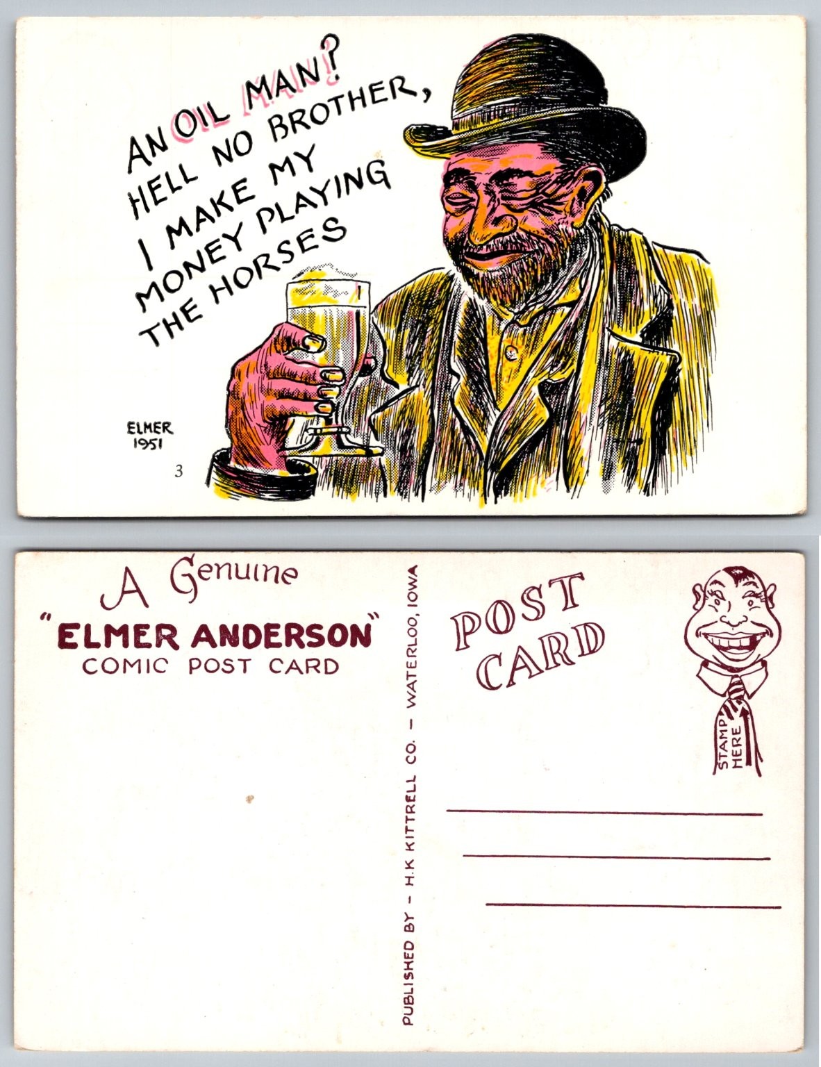 Elmer Anderson Comic Postcard 1951 – “Playing The Horses” H.K. Kittrell