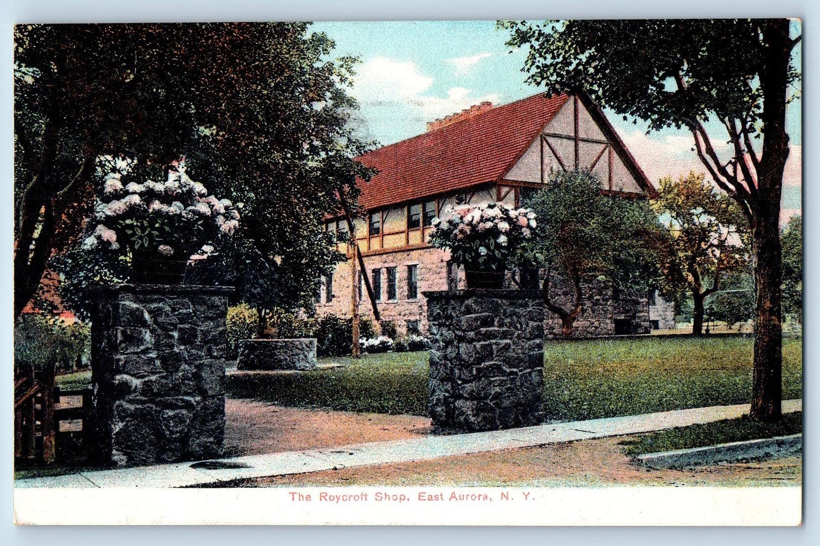 1908 East Aurora New York Postcard The Roycroft Shop Building Entrance Landscape