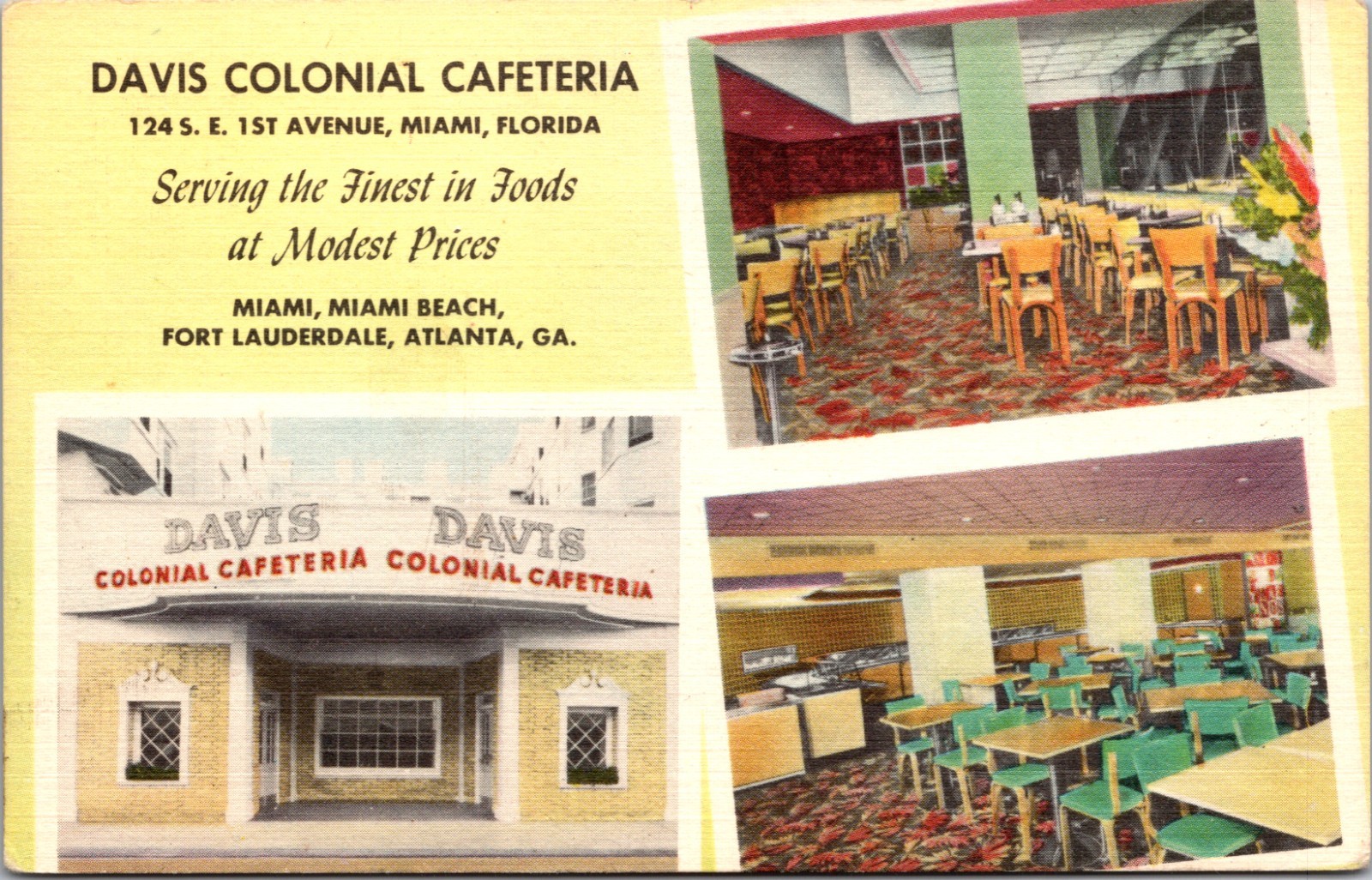 Davis Colonial Cafeteria Miami Florida Vintage Restaurant Postcard