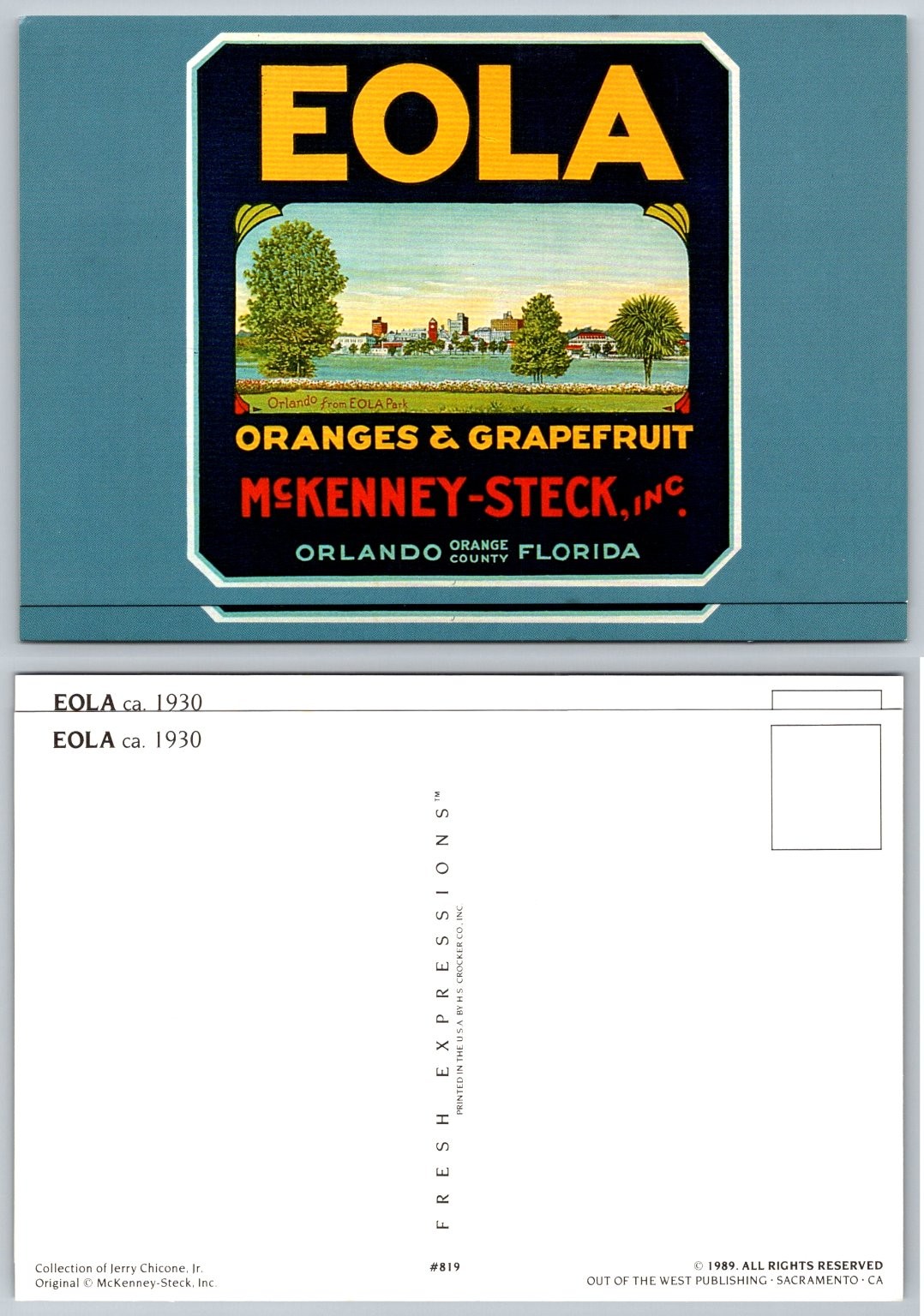EOLA Oranges & Grapefruit Orlando FL Vintage Fruit Crate Label Postcard 1989