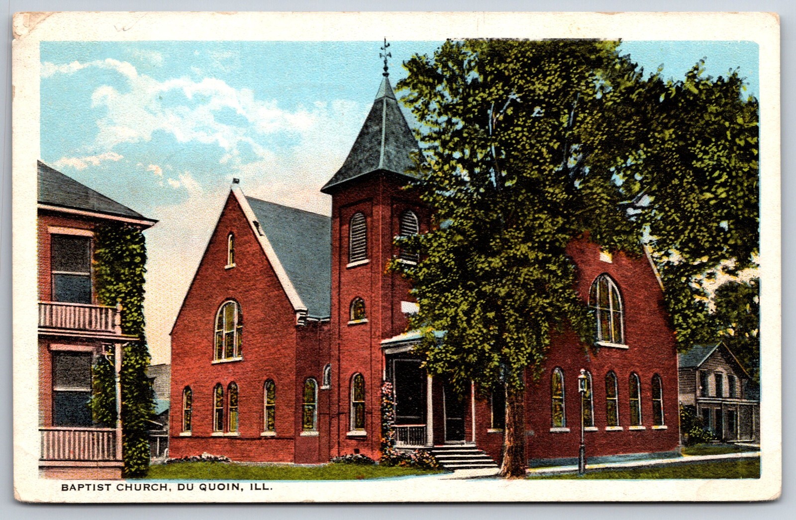 Du Quoin Illinois~Baptist Church~Tower Over Porch~Houses Both Sides~1920s PC
