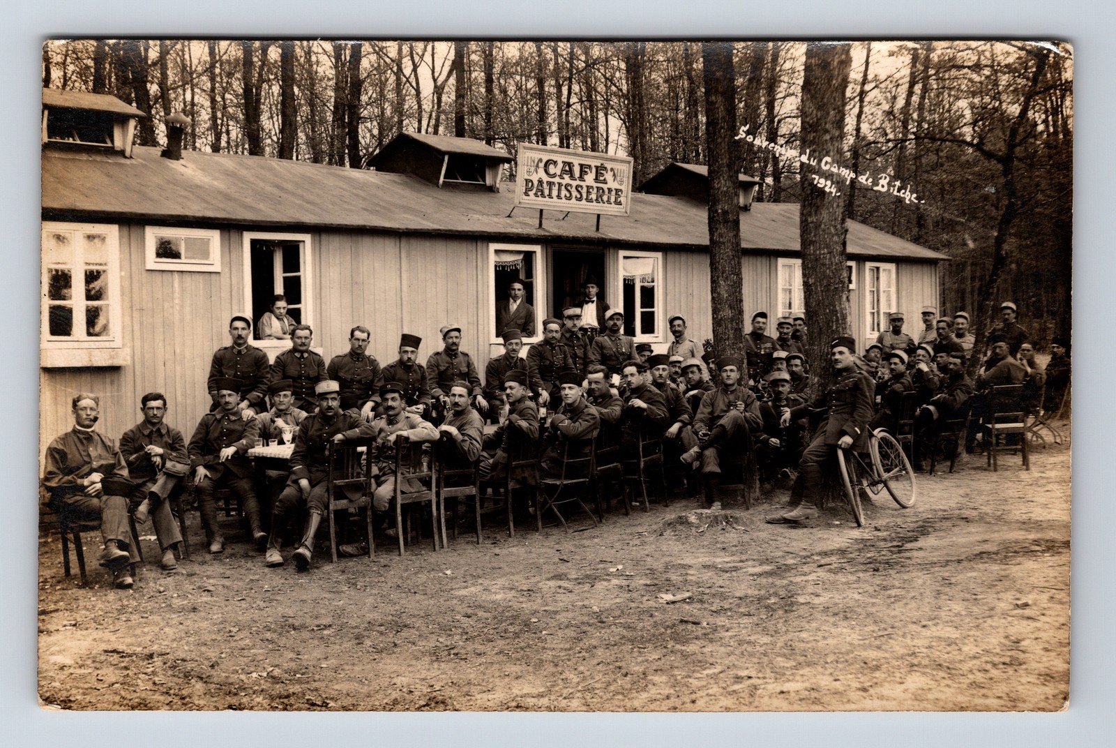 RPPC Portrait French? Soldiers at Café Patisserie Camp de Bitche France Postcard
