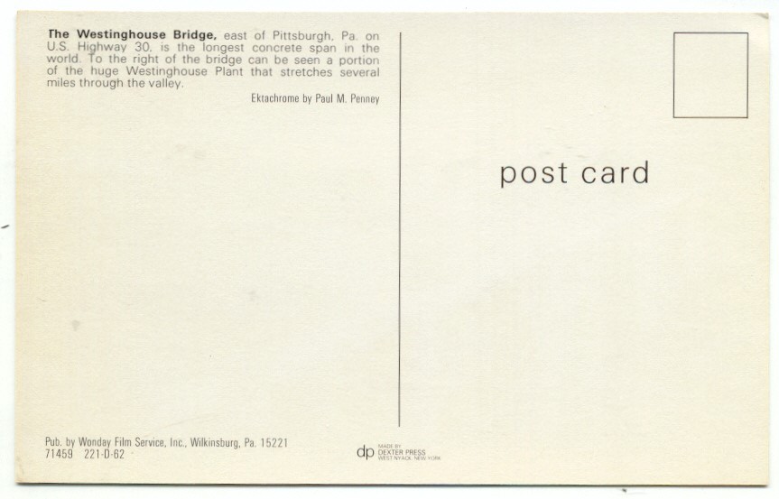 Westinghouse Bridge East Of Pittsburg PA Highway 30 Postcard Pennsylvania