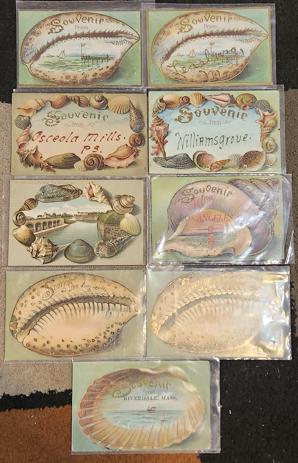 9 Pc Antique 1900-1910 Embossed ‘Souvenir From’ Postcards In Plastic Sleeves