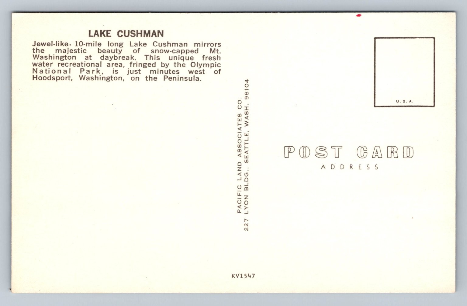 Vintage Lake Cushman Olympic National Park Washington Postcard 1939-Now