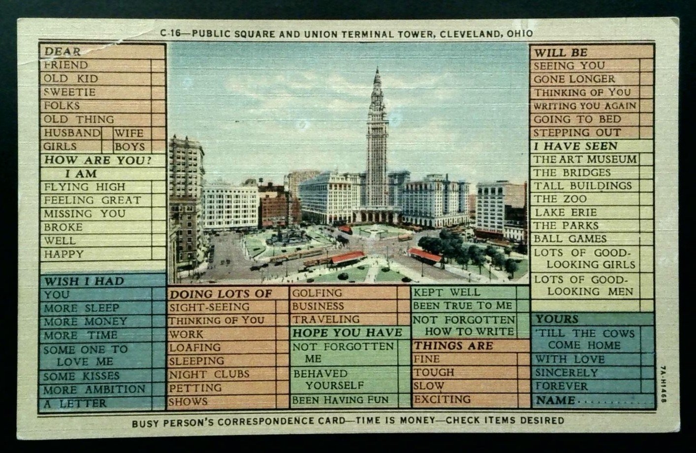 Vintage Linen Postcard Public Square & Union Terminal Tower Cleveland OH