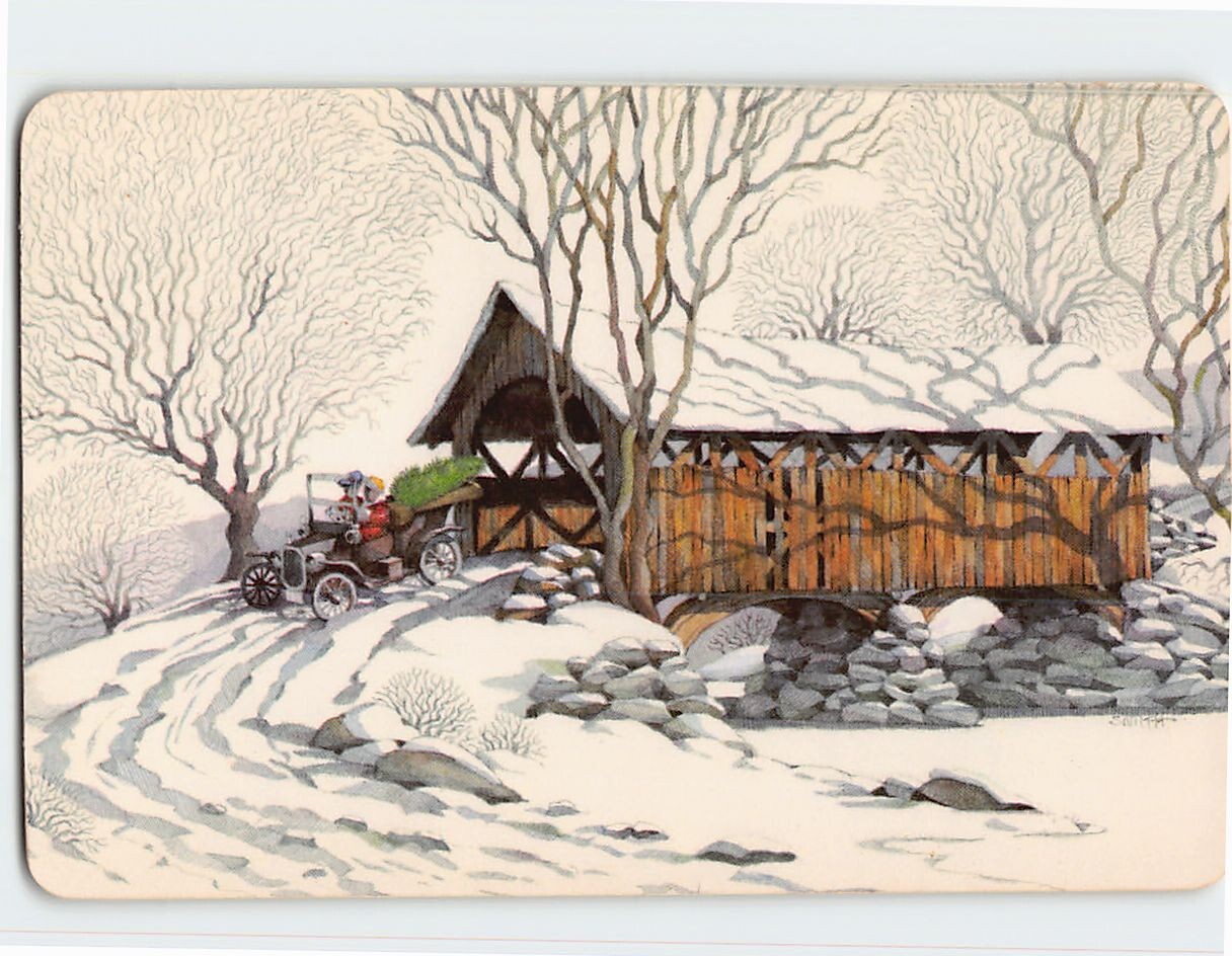 Postcard Covered Bridge Winter Scene