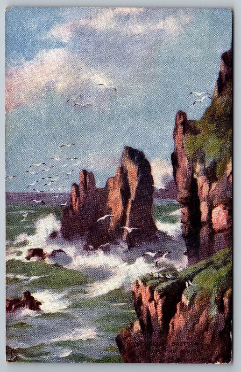 Raphael Tuck Oilette Postcard ROUGH SEAS Bastions of Shore Cliffs & Gulls