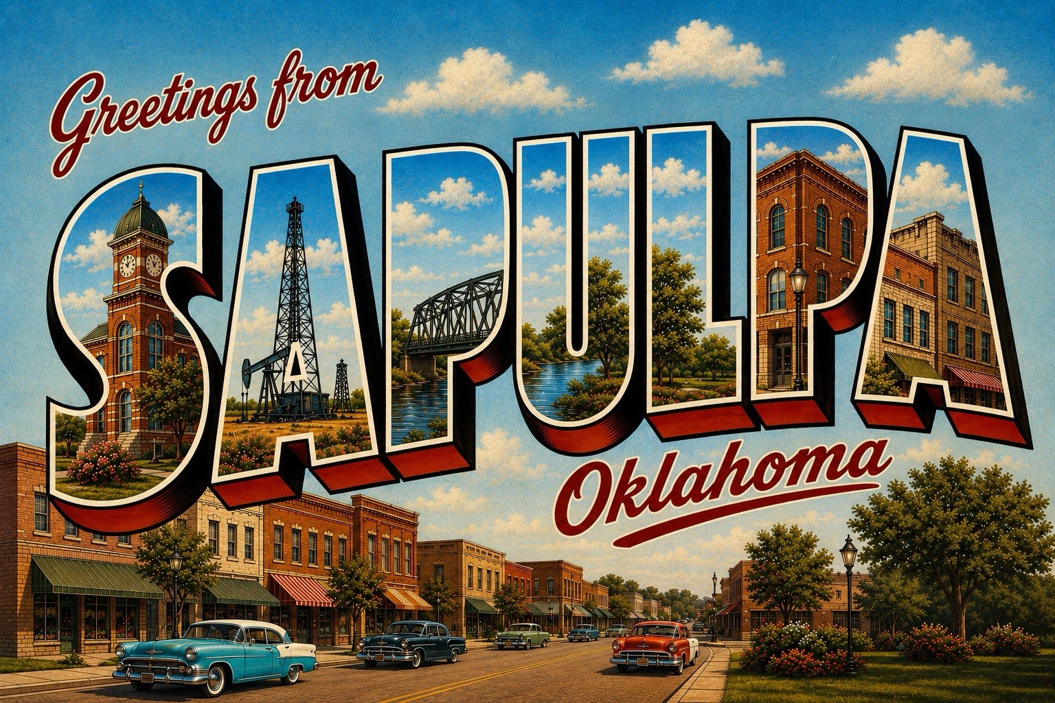 Greetings from SAPULPA Oklahoma MODERN Postcard Large Letter Route 66 C332
