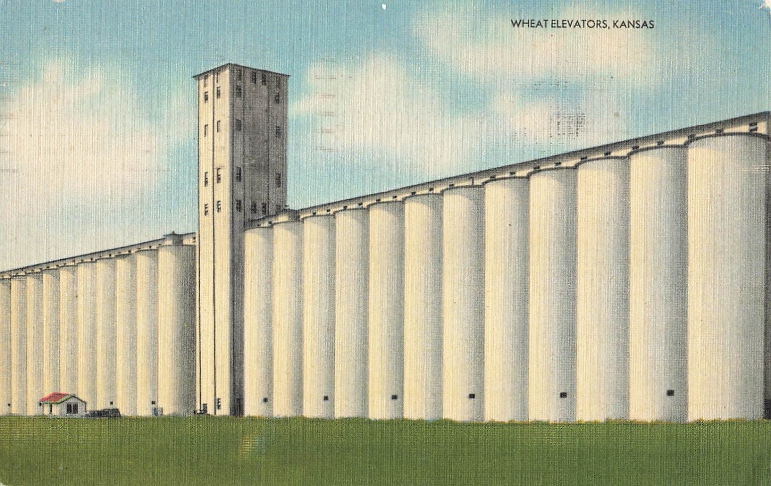1946 Hutchinson Kansas Wheat Elevators Linen Postcard Woodgifts