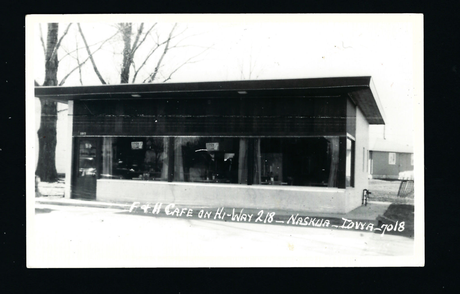 Nashua Iowa IA c1950 RPPC F & H Cafe, Highway 218, Odd Little Flat Roof Bldg