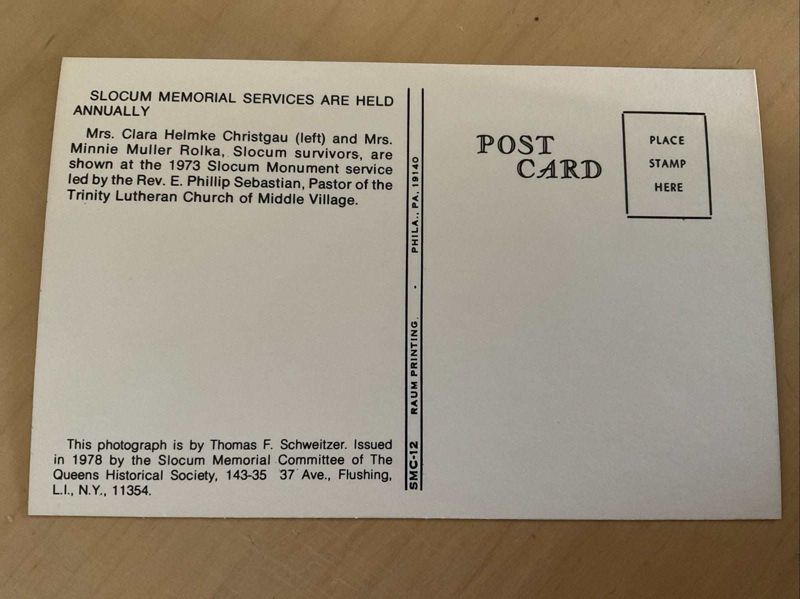 Queens Historical Society Postcard General Slocum Memorial Service 1978 SMC-12