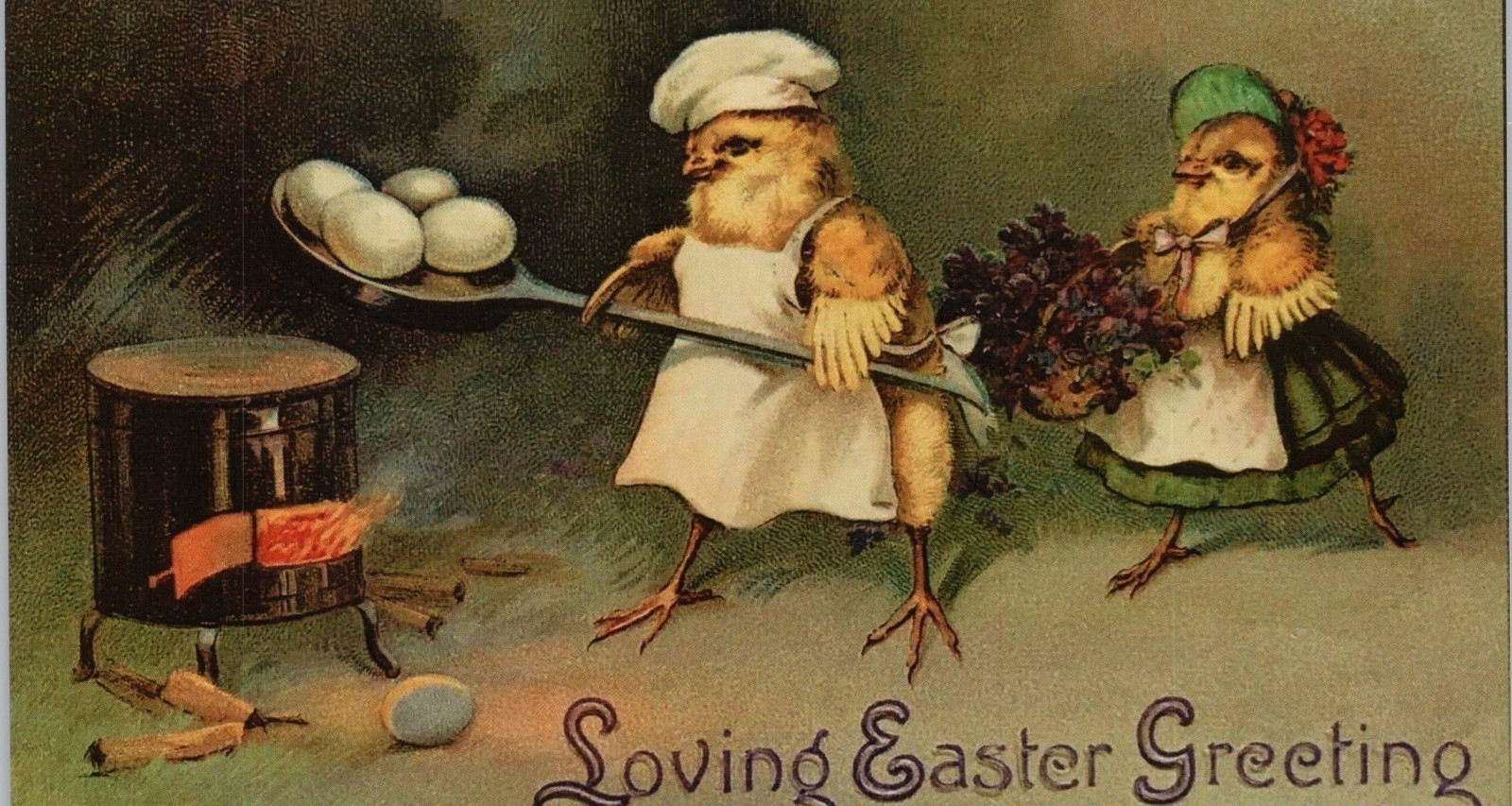 Postcard Easter Greeting Anthropomorphic Chicks Cooking Eggs Modern 3.5 X 5.5 In