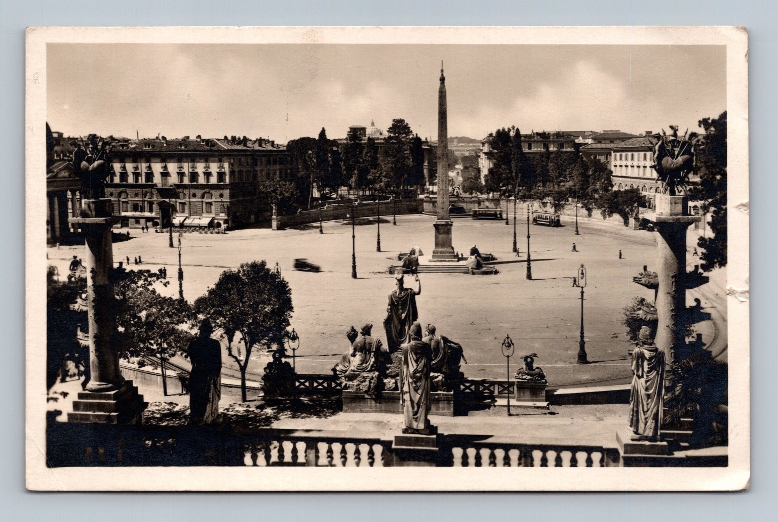 Vintage Rome Piazza del Popolo Black & White Postcard 1928 Italy