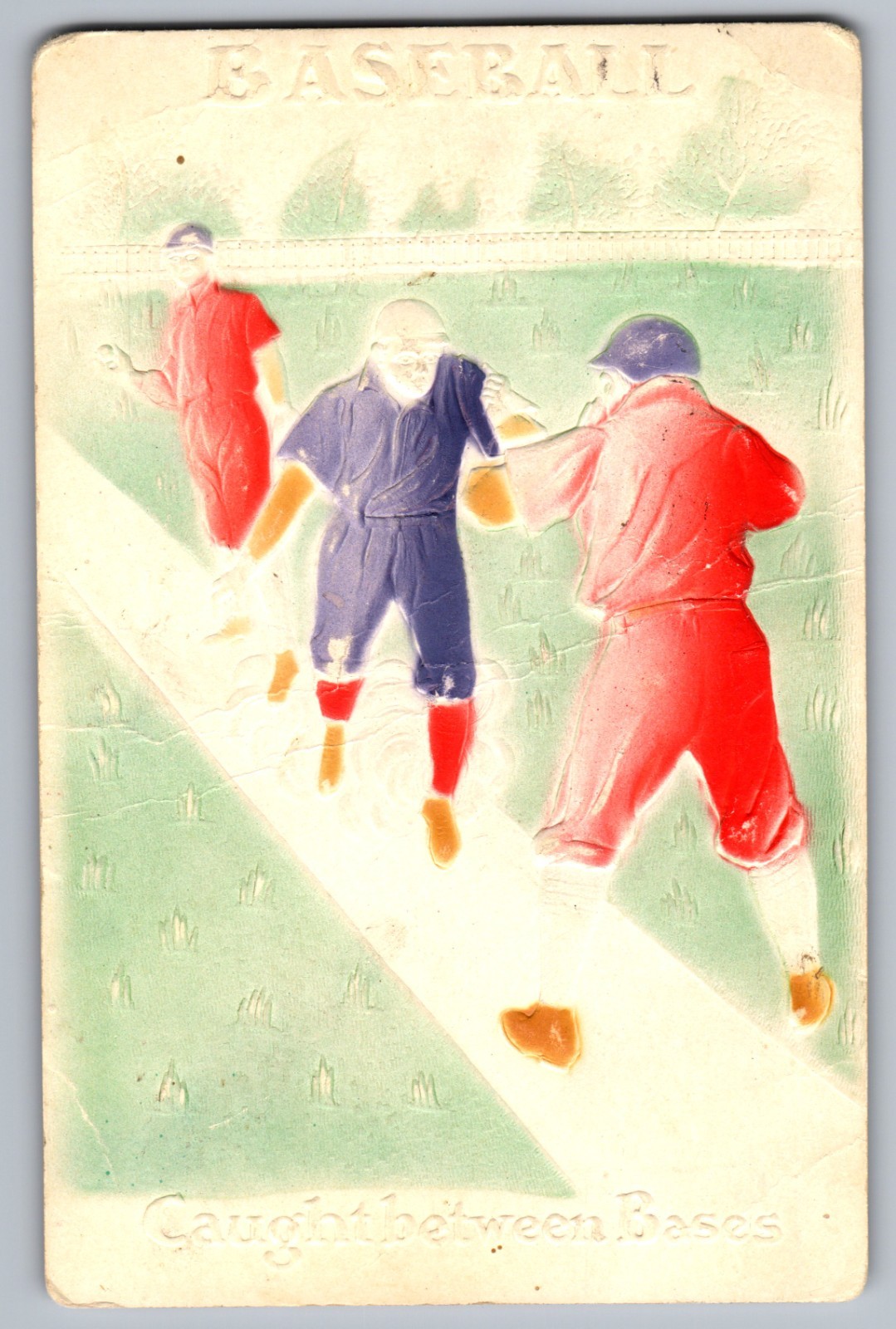 C.1909 BASEBALL “CAUGHT BETWEEN BASES” EMBOSSED HAND COLORED ZIM Postcard Q12